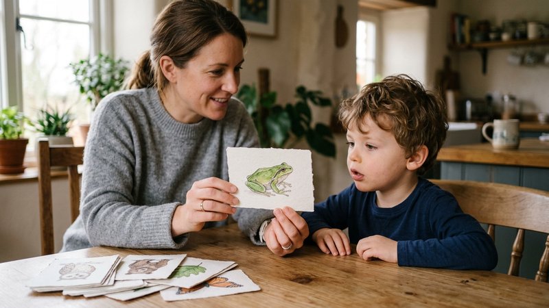 Una madre mostrando a su hijo una tarjeta con el dibujo de una rana sobre la mesa del comedor, mientras el niño la mira