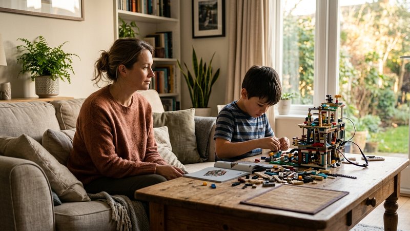 Una madre observando en silencio a su hijo de ocho años, que está absorto construyendo algo complejo en la mesa del saló