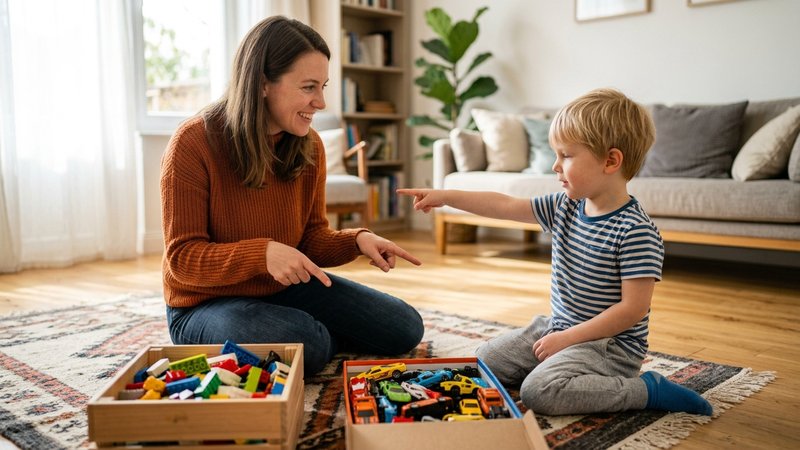 Una madre ofreciendo dos opciones a su hijo pequeño con las manos abiertas, una señalando una caja de bloques y otra una
