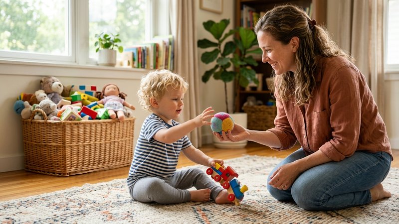Una madre ofreciendo una pelota blanda de tela a su hijo de dos años, que suelta un juguete duro y estira las manos haci