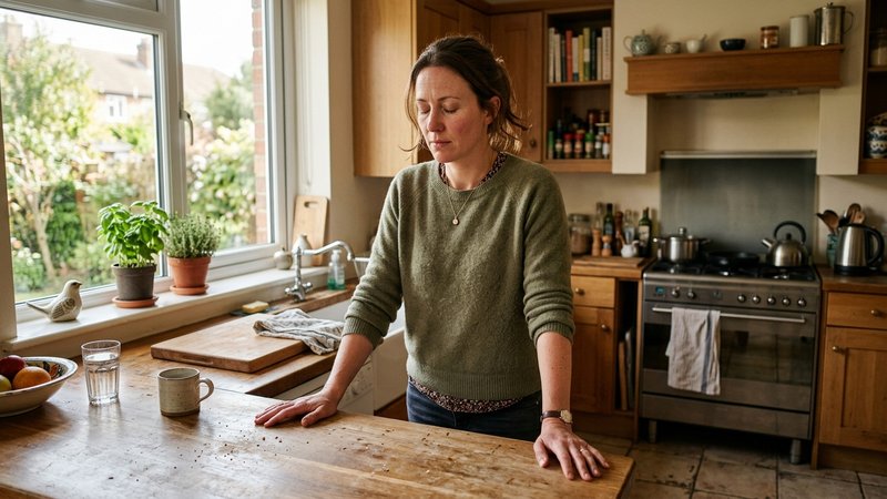 Una madre de pie en la cocina, apartada, con los ojos cerrados y las manos apoyadas en la encimera, respirando hondo par