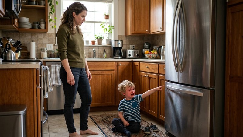 Una madre de pie en la cocina, tranquila y con las manos relajadas, mientras su hijo pequeño llora a sus pies señalando