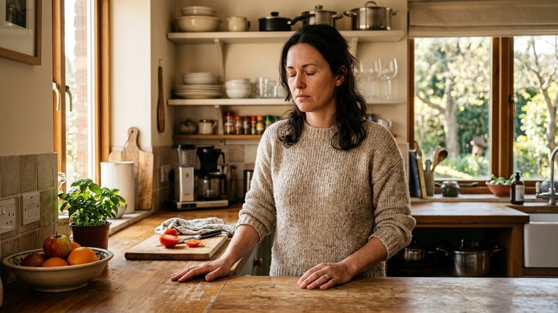 Una madre de pie en la cocina, con los ojos cerrados y una mano apoyada en la encimera, conteniendo una palabra antes de