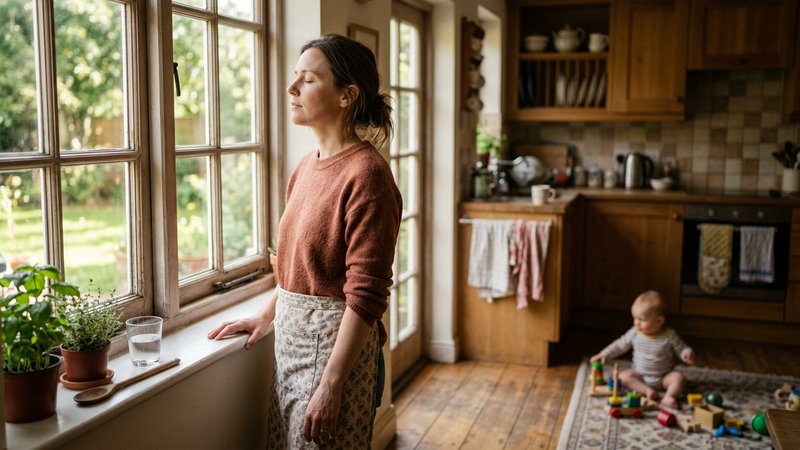 Una madre de pie junto a la ventana de la cocina con los ojos cerrados, respirando hondo y recuperando la calma, mientra