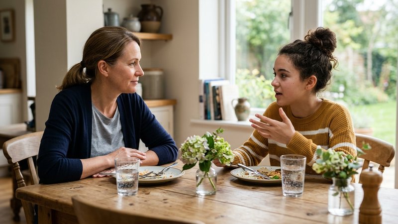 Una madre sentada frente a su hija adolescente en la mesa del comedor, escuchándola con las manos quietas y sin interrum