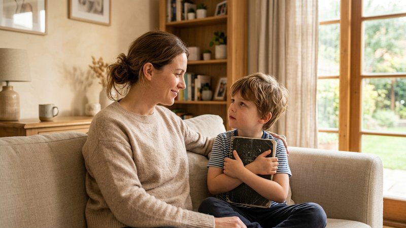 Una madre sentada junto a su hijo pequeño en el salón, mirándolo con expresión serena y comprensiva mientras él sostiene