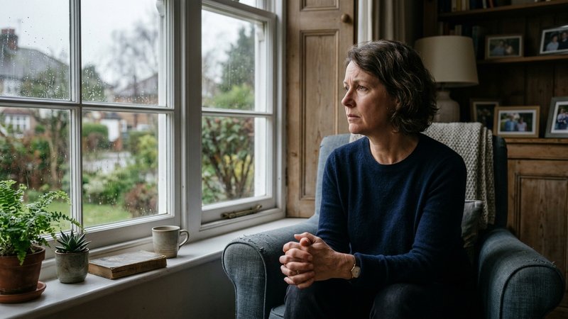 Una madre sentada junto a la ventana del salón, con la mirada perdida y las manos entrelazadas sobre el regazo, en actit