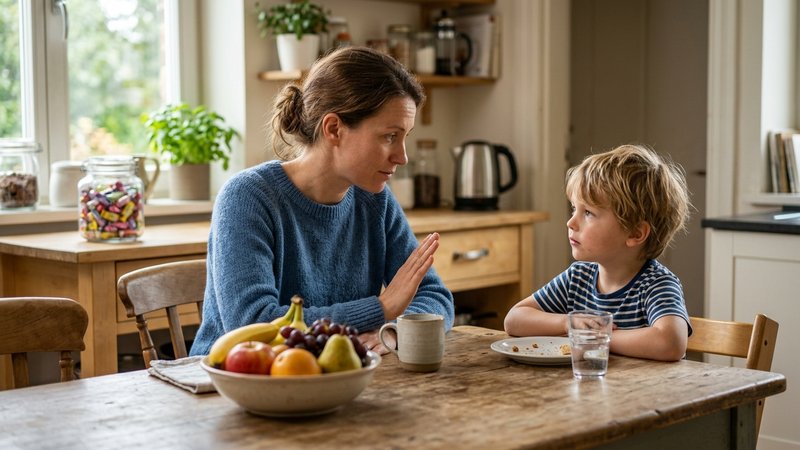 Una madre sentada a la mesa de la cocina diciendo que no con una expresión amable pero firme, con un cuenco de fruta del
