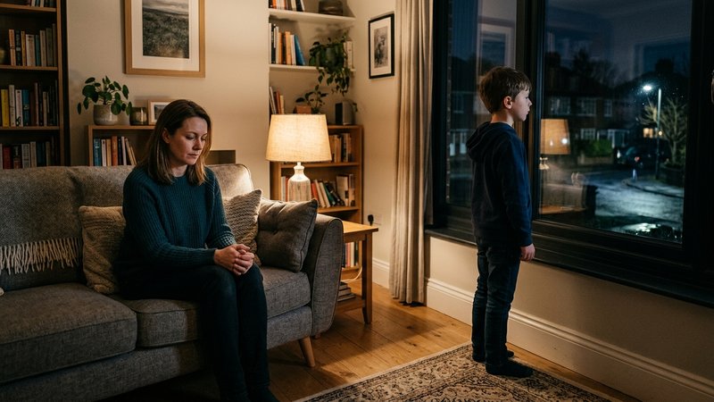 Una madre sentada en el sofá dejando espacio y guardando silencio, con las manos en el regazo, mientras su hijo joven, d