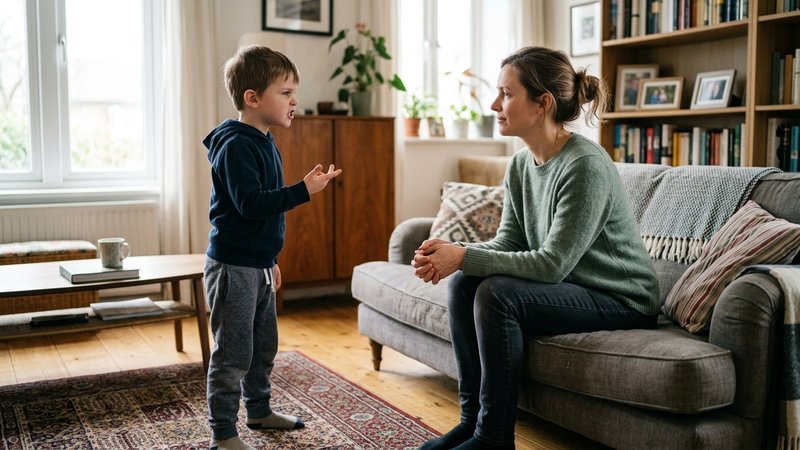 Una madre sentada en el sofá con las manos en el regazo, mirando con serenidad a su hijo que protesta de pie frente a el