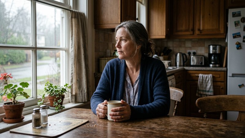 Una madre sentada sola a la mesa de la cocina, con una taza entre las manos y la mirada perdida, reflexionando sobre la
