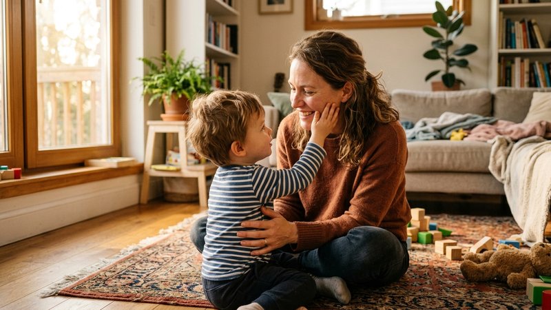 Una madre sonriendo cálidamente mientras su hijo de dos años le acaricia suavemente la mejilla con la palma abierta, amb