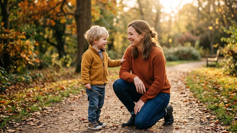 Una madre sonriendo con calidez y agachada frente a su hijo pequeño, que acaba de acercarse a ella; le apoya la mano en