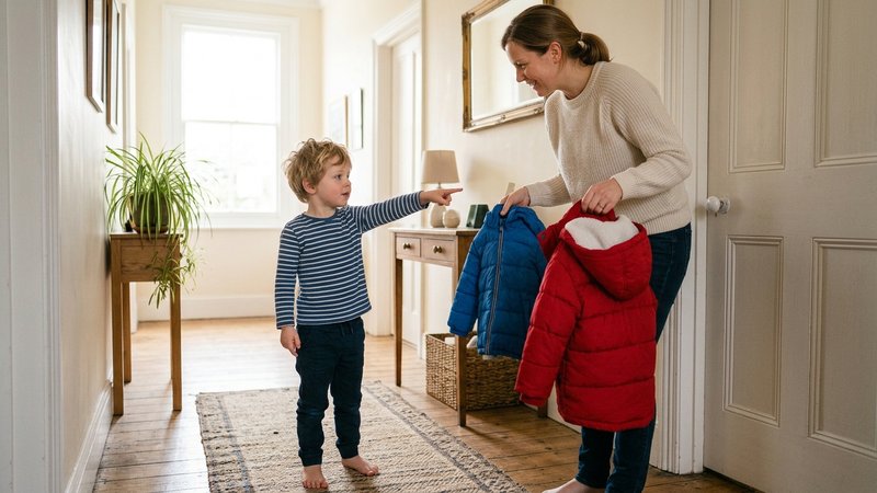 Una madre sosteniendo dos abrigos infantiles, uno azul y otro rojo, uno en cada mano, mientras su hijo pequeño señala un