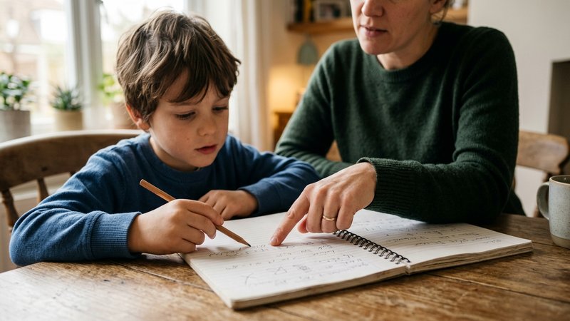 La mano de una madre señalando una zona concreta de la página de un cuaderno mientras su hijo la observa, ambos sentados