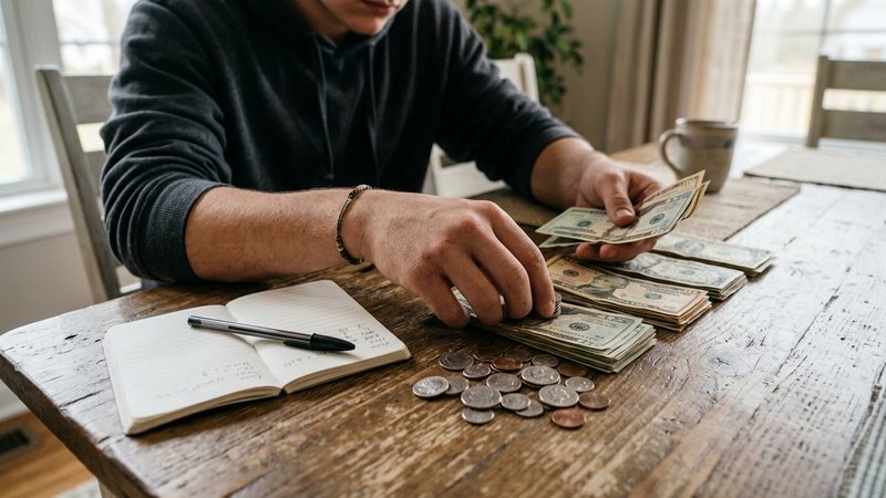 Las manos de un adolescente contando unos billetes y monedas sobre la mesa del comedor, junto a una pequeña libreta abie