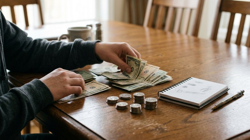 Las manos de un adolescente contando billetes y monedas sobre la mesa del comedor junto a una pequeña libreta abierta, o