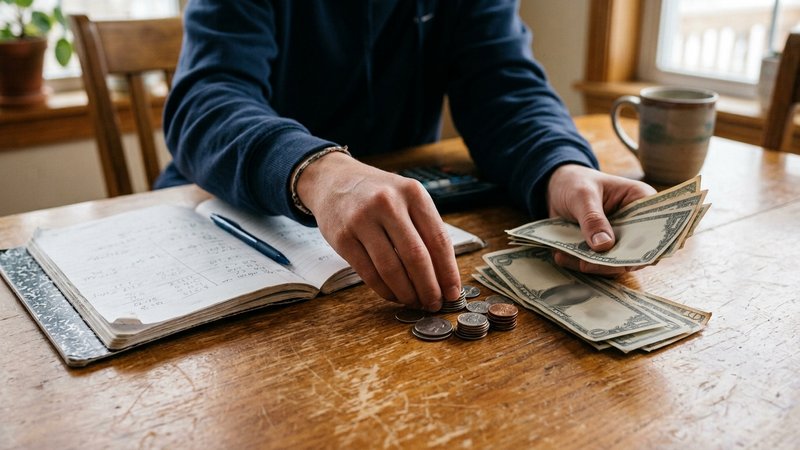 Las manos de un adolescente contando billetes y monedas sobre la mesa del comedor junto a una libreta abierta, administr