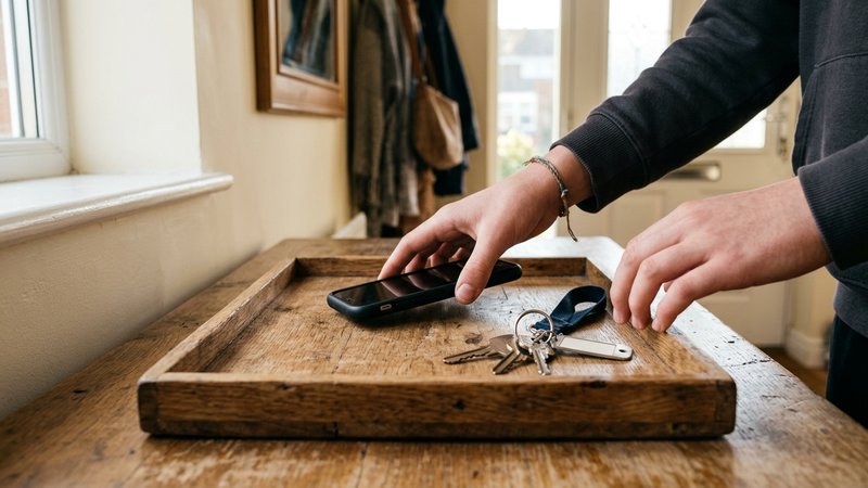 Las manos de un adolescente dejando su teléfono móvil dentro de una caja de madera colocada sobre el aparador del salón,