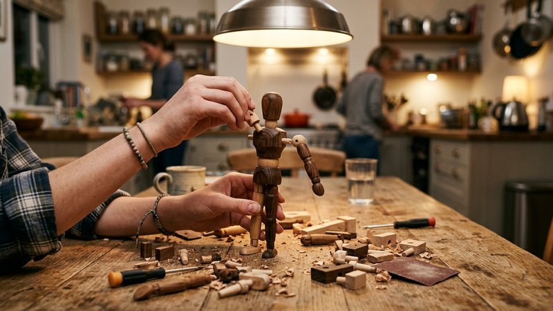 Unas manos adolescentes desmontando y volviendo a montar una figura de piezas de madera sobre la mesa del comedor, con v