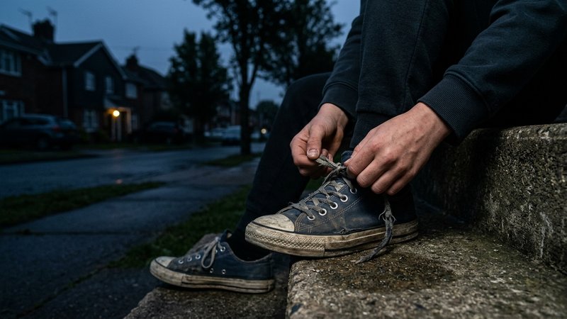 Unas manos jóvenes apretando un cordón mientras se atan unas zapatillas de deporte gastadas, sentado en el borde del esc