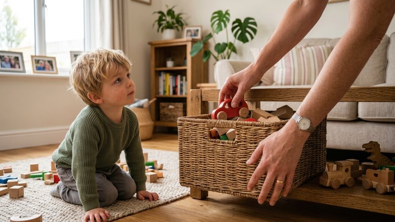 Las manos de una madre guardando un cochecito de juguete dentro de una caja de mimbre, mientras su hijo de cuatro años o