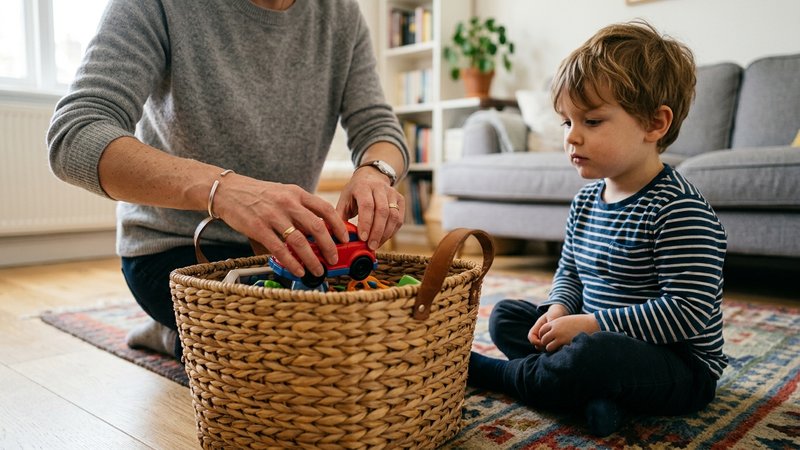 Las manos de una madre guardando un juguete de plástico dentro de una cesta de mimbre, mientras su hijo pequeño observa