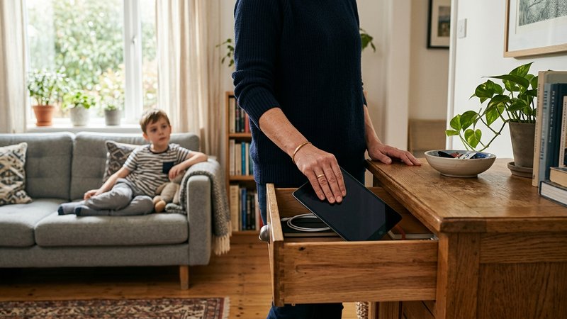 Las manos de una madre guardando una tablet en un cajón del salón con gesto tranquilo, sin dramatismo, mientras su hijo