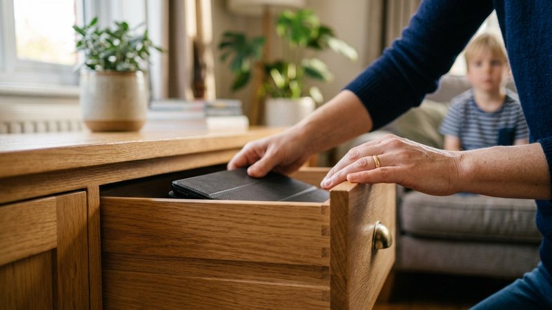 Las manos de una madre guardando una tablet dentro de un cajón del salón y cerrándolo con calma, mientras su hijo la obs