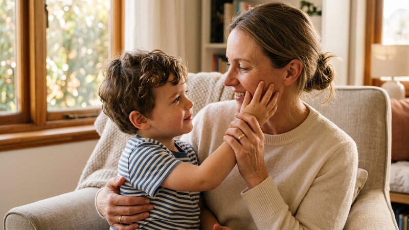 Las manos de una madre guiando la manita de su hijo pequeño para que acaricie suavemente su propia mejilla, en un gesto