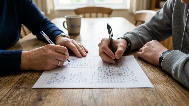Las manos de una madre y su hijo adolescente escribiendo juntos en una hoja de papel sobre la mesa del comedor, cada uno