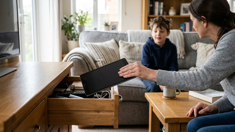 Las manos de una madre recogiendo con calma una tablet de la mesa del salón y guardándola en un cajón, sin dramatismo, m