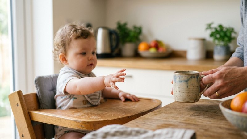 Las manos de una madre retirando con calma una taza de cerámica del alcance de un bebé sentado en su trona, dejándola en