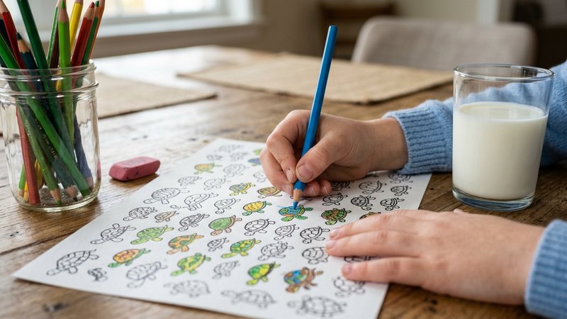 Las manos de un niño coloreando con lápices de colores una hoja de papel llena de pequeños dibujos de tortugas, sobre la