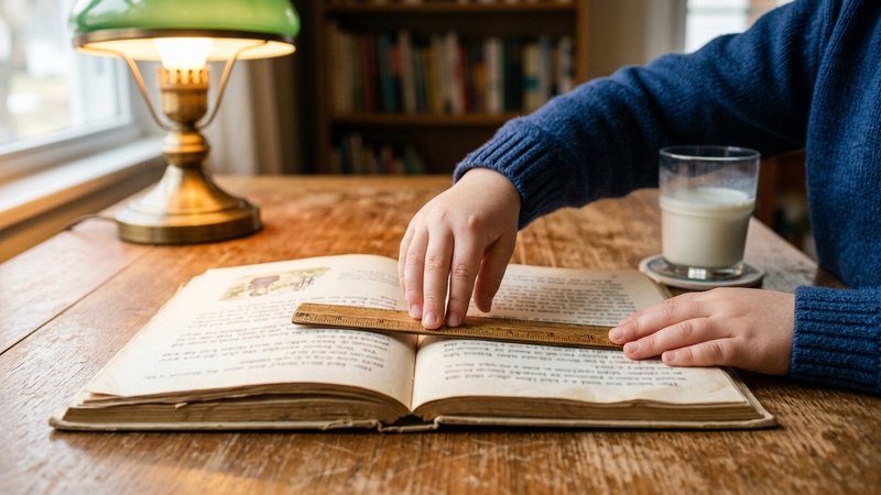 Las manos de un niño deslizando una regla de madera bajo una línea de un libro abierto sobre la mesa, para no perderse a