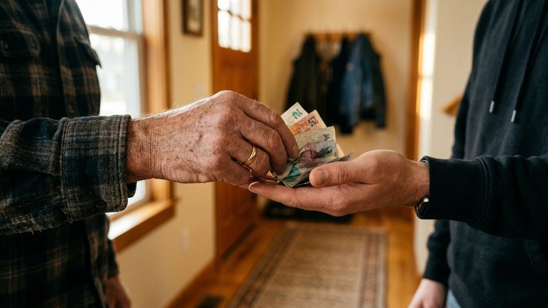 Las manos de un padre entregando unos billetes a la mano abierta de su hijo adulto, en el recibidor de casa; el gesto de