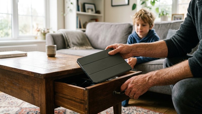 Las manos de un padre retirando con serenidad una tablet de la mesa baja del salón y guardándola en un cajón, sin brusqu