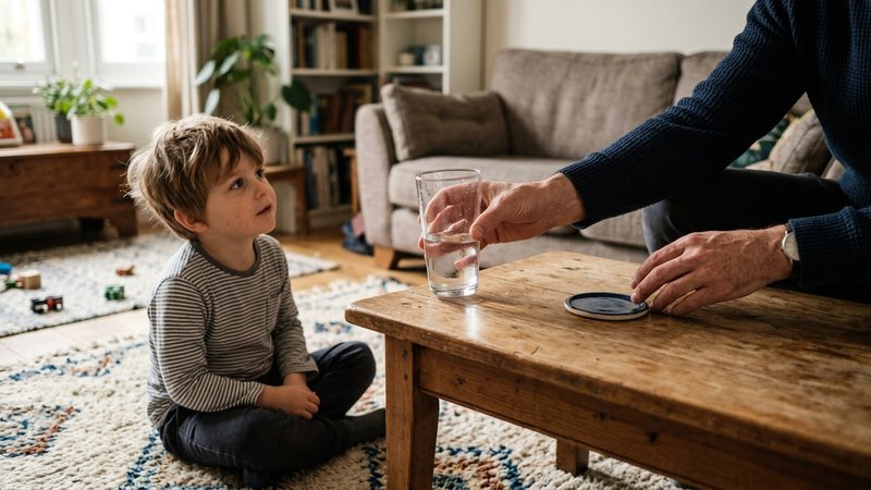 Las manos de un padre retirando un vaso de cristal de la mesa baja del salón mientras su hijo pequeño lo observa desde l