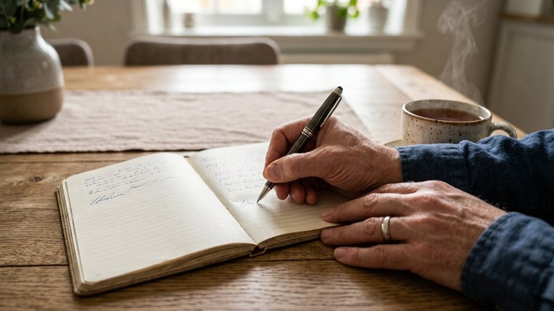 Las manos de una persona adulta escribiendo con bolígrafo en un cuaderno abierto sobre la mesa de un comedor, junto a un