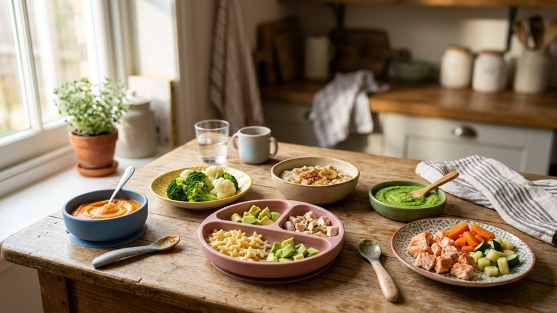 Una mesa de cocina con varios platitos de comida de bebé coloridos y variados, purés y trozos pequeños, luz natural de m
