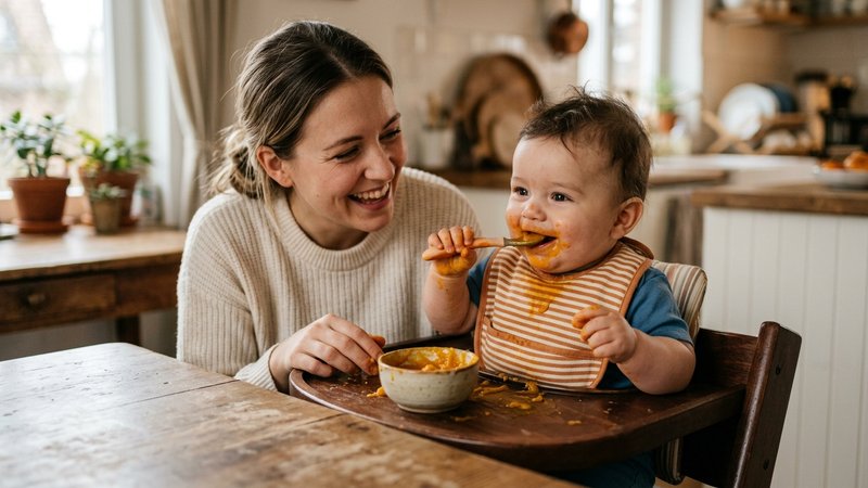 Un bebé de seis meses sentado en una trona probando un puré de calabaza con una cuchara pequeña, madre sonriendo al lado