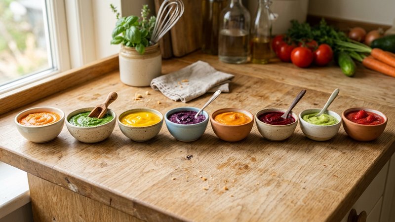 Varios cuencos pequeños con purés de frutas y verduras de distintos colores sobre una encimera de cocina de madera clara