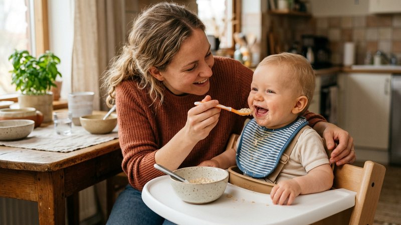 Una madre dando con una cucharita cereal infantil diluido en leche a un bebé sonriente en su trona