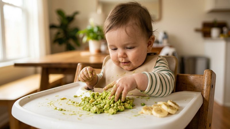 Un bebé de ocho meses tocando con la mano un trozo blando de aguacate y plátano sobre la bandeja de su trona