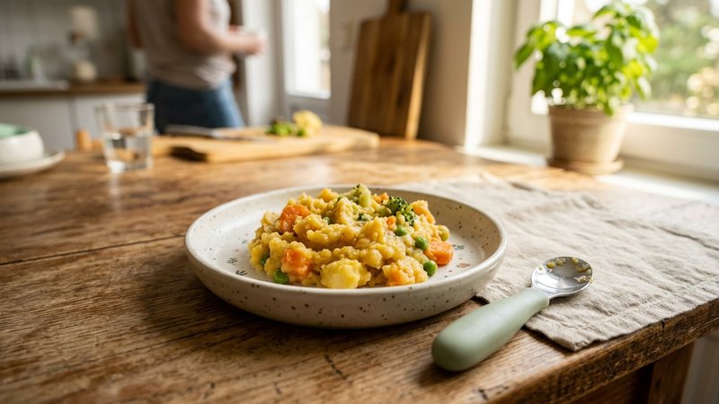 Un plato con puré grumoso y trocitos blandos de verdura preparado para un bebé, sobre una mesa de cocina soleada