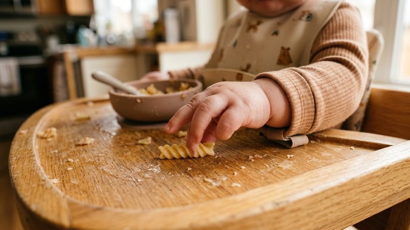 La mano de un bebé sujetando con dos deditos un trocito pequeño de pasta cocida sobre la bandeja de la trona