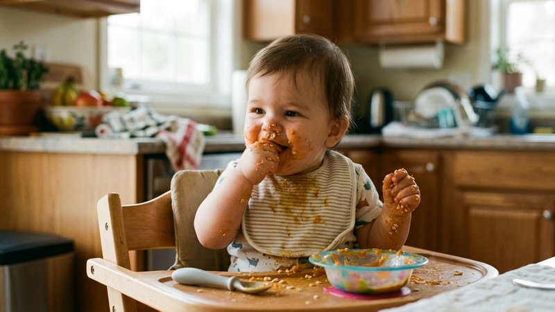 Un bebé de diez meses comiendo con las manos en su trona, con la cara y las manos manchadas de comida, ambiente alegre d