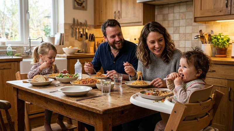 Una familia comiendo junta en la mesa de la cocina, con un bebé de un año sentado en su trona junto a los padres compart