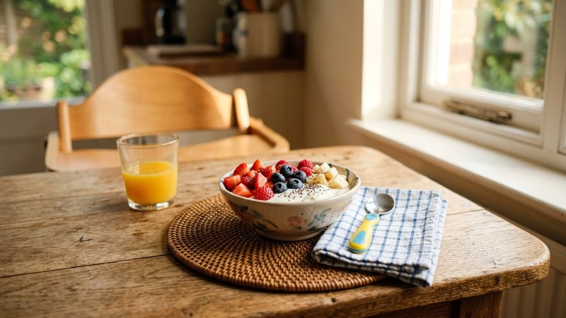 Un desayuno infantil con fruta cortada en trozos pequeños y un yogur natural en un bol, luz cálida de mañana sobre la me