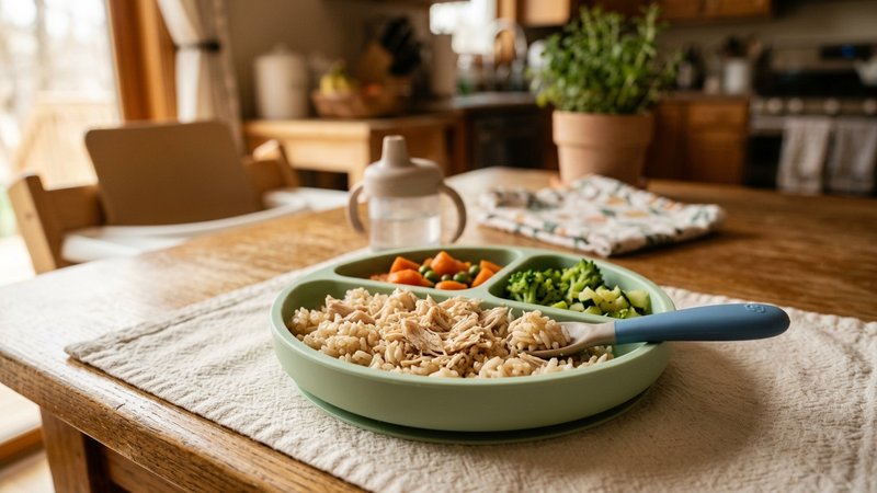 Un plato de comida principal para bebé con verdura, pollo desmenuzado y arroz bien cocido, servido en una mesa de cocina